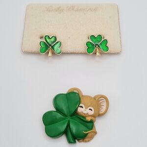 Vintage Shamrock Clip Earrings Signed SOLDOR & Hallmark St Patrick Mouse Pin